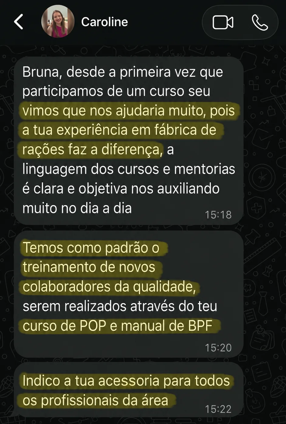 Depoimento de Caroline enviado por WhatsApp