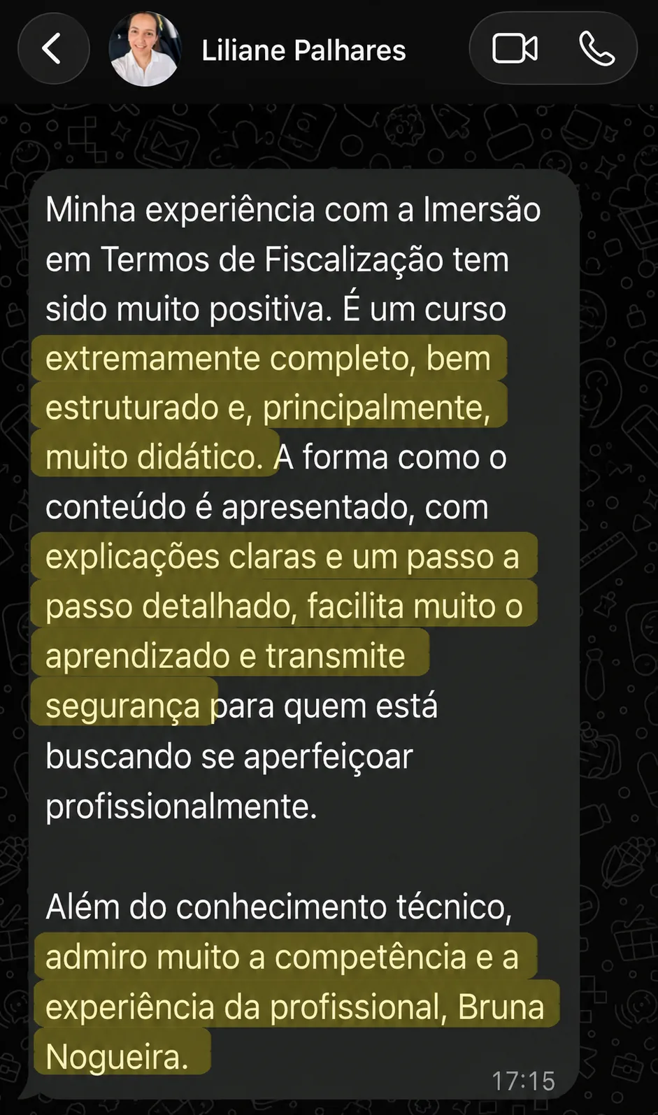 Depoimento de Liliane Palhares enviado por WhatsApp