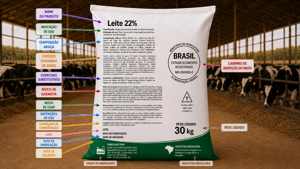 Diagrama de um rótulo de ração com os itens obrigatórios identificados: nome do produto, indicação de uso, composição básica, níveis de garantia, carimbo de inspeção do MAPA, peso líquido e dados do fabricante